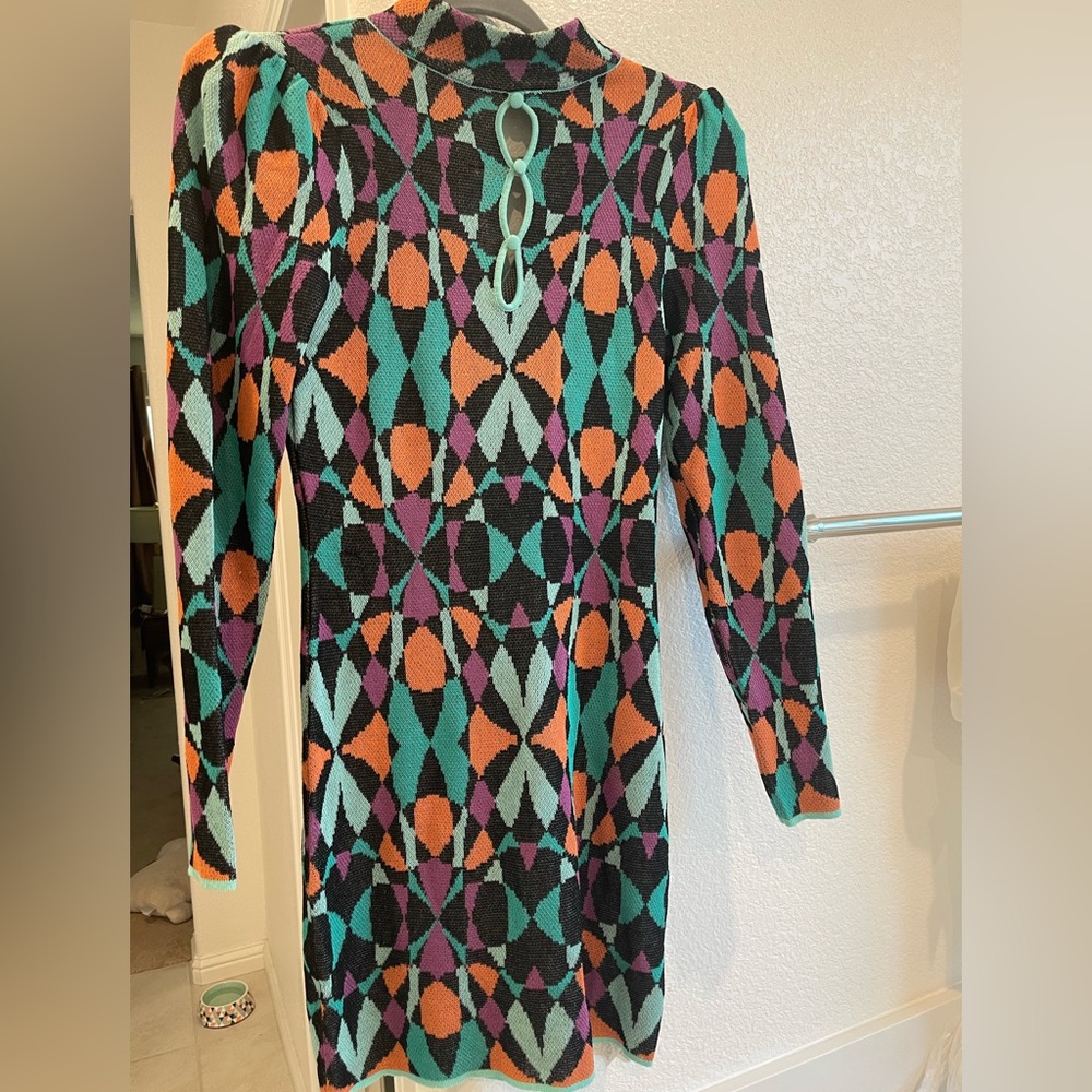 60’s inspired Blue and Orange Long Sleeve Sheath Dress for a Night Out